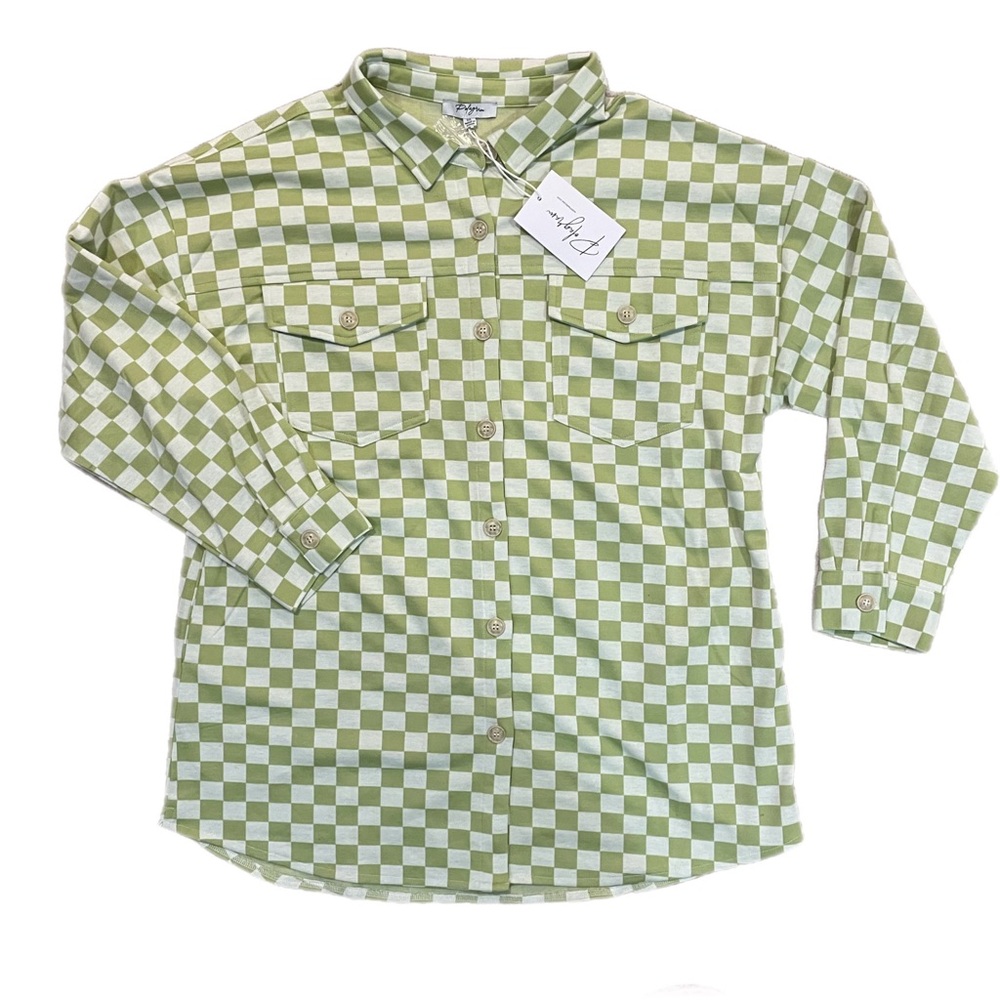 Polagram Green and White Checkered Spring Long Sleeve Button Down 1XL NWT